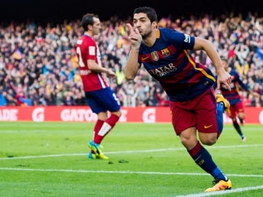 Luis Suarez celebrates his goal against Atletico Madrid. Getty