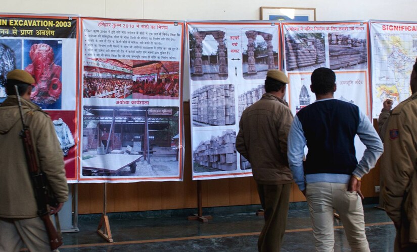 Police personnel gather outside the Ram Mandir conference at JNU on Saturday. Firstpost/Naresh Sharma