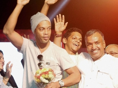 Braizilian Football legend Ronaldinho visiting ‘Nagji Football Tournament’ in Kozhikode on Sunday. PTI