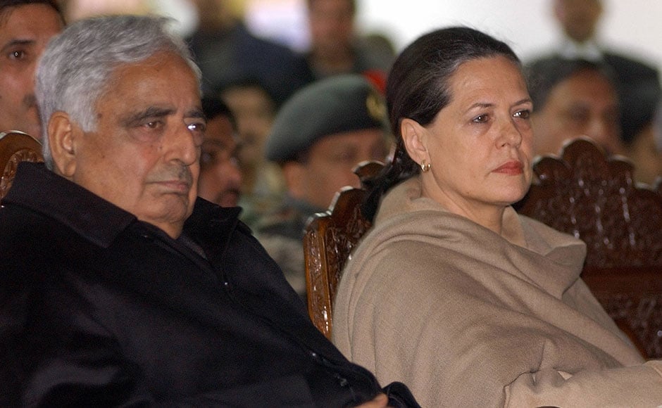 Mufti Mohammad Sayeed (L) sits with Congress party leader Sonia Gandhi after the latter arrived at Srinagar on 23 Feburary 2005 to visit the areas affected by devastating snowfall. Army and civilian rescuers braved icy conditions and harsh Himalayan winds to search for survivors as the death toll crossed 200, officials said. AFP Mufti Mohammad Sayeed (L) sits with Congress party leader Sonia Gandhi after the latter arrived at Srinagar on 23 Feburary 2005 to visit the areas affected by devastating snowfall. Army and civilian rescuers braved icy conditions and harsh Himalayan winds to search for survivors as the death toll crossed 200, officials said. AFP