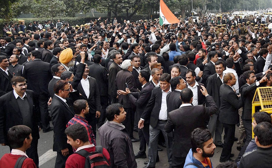 New Delhi: Lawyers march from Patiala House Courts to India Gate against alleged anti-national activities at JNU, in New Delhi on Friday. PTI Photo by Atul Yadav