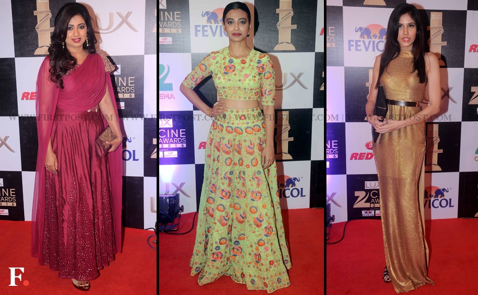 Shreya Ghoshal, Radikha Apte and Sonali Sahgal also made a stunning entry on the red carpet. Shreya Ghoshal won the Best Playback Singer (Female) award for 'mohe rang do lal' from <em>Bajirao Mastani. </em>Sachin Gokhale/Firstpost Shreya Ghoshal, Radikha Apte and Sonali Sahgal also made a stunning entry on the red carpet. Shreya Ghoshal won the Best Playback Singer (Female) award for 'mohe rang do lal' from <em>Bajirao Mastani. </em>Sachin Gokhale/Firstpost