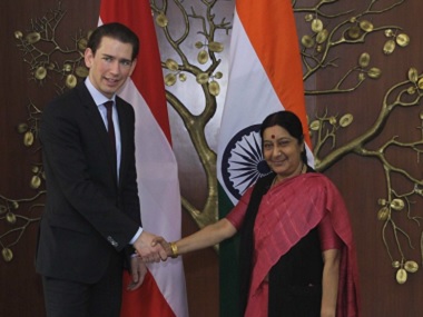 Ahead of this year's India-EU meeting, Sushma Swaraj meets Austrian foreign minister Sebastian Kurz Ahead of this year's India-EU meeting, Sushma Swaraj meets Austrian foreign minister Sebastian Kurz