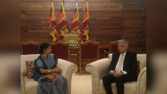 'Warm welcome by a close neighbour': Sushma Swaraj calls on Sri Lanka PM Wickremesinghe