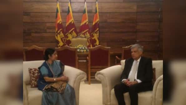 'Warm welcome by a close neighbour': Sushma Swaraj calls on Sri Lanka PM Wickremesinghe