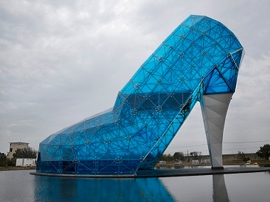A giant glass structure shaped like a high-heel shoe being built in southern Chiayi, Taiwan. AP