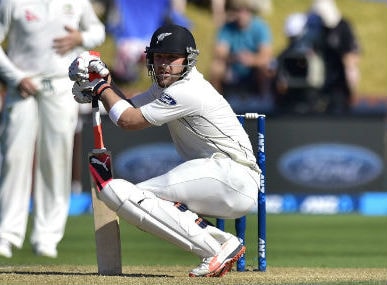 New Zealand skipper Brendon on Day 3 of first Test against Australia at Basin Reserve on Sunday. AFP