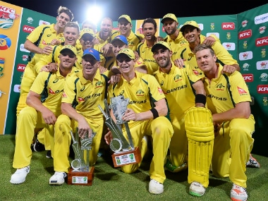The Australian team with the winner's trophy after beating South Africa by six wickets in the final T20I. Getty Images