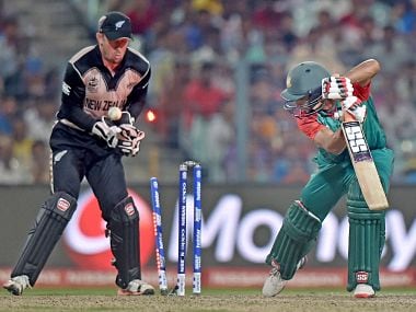 Bangladesh batsman being bowled in the game against New Zealand on Saturday. PTI