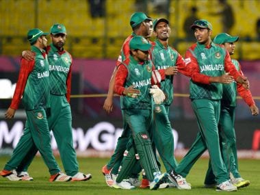 Bangladesh players celebrate after their victory over Netherlands. PTI