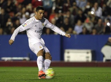 Cristiano Ronaldo shoots to score a penalty in Real Madrid match against Levante. Reuters