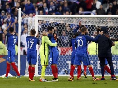 France players celebrate after defeating Russia. AP