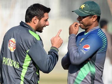 Pakistan captain Shahid Afridi and head coach Waqar Younis. AFP