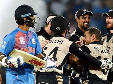 New Zealand bowler Nathan McCullum celebrates the wicket of India's batsman Shikhar Dhawan during the ICC T20 World Cup match played in Nagpur on Tuesday. PTI