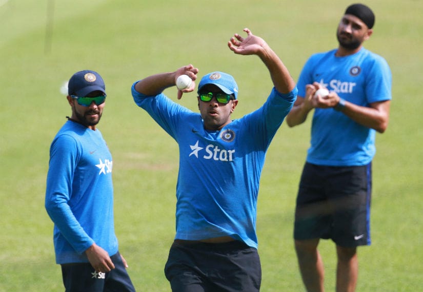 Ravindra Jadeja (left), R Ashwin (centre) and Harbhajan Singh during a practice session in Mohali on Sunday. Solaris Images