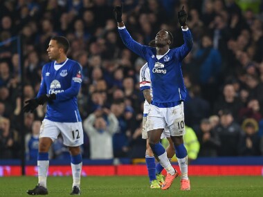 Everton's Belgian striker Romelu Lukaku celebrates after scoring their second goal during FA cup quarter-final football match between Everton and Chelsea at Goodison Park. AFP