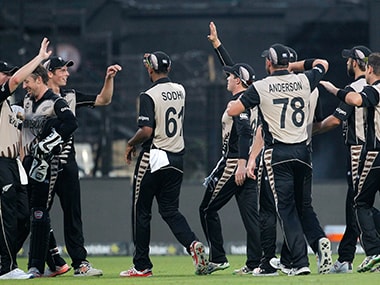 New Zealand team celebrate after a crushing win. AP