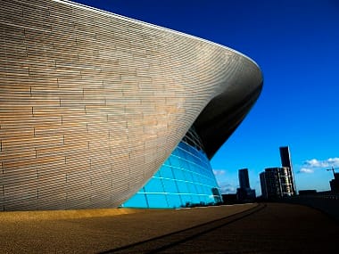The London Aquatics Centre built for the 2012 Olympic Games. Its architect was Dame Zaha Hadid. AP 