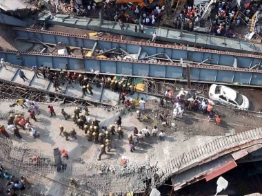 Rescue work in progress as an under-construction flyover collapsed on Vivekananda Road in Kolkata on Thursday. PTI