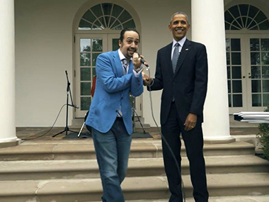 Watch: A sombre-looking Obama dropping the beat to Miranda's freestyle rap Watch: A sombre-looking Obama dropping the beat to Miranda's freestyle rap