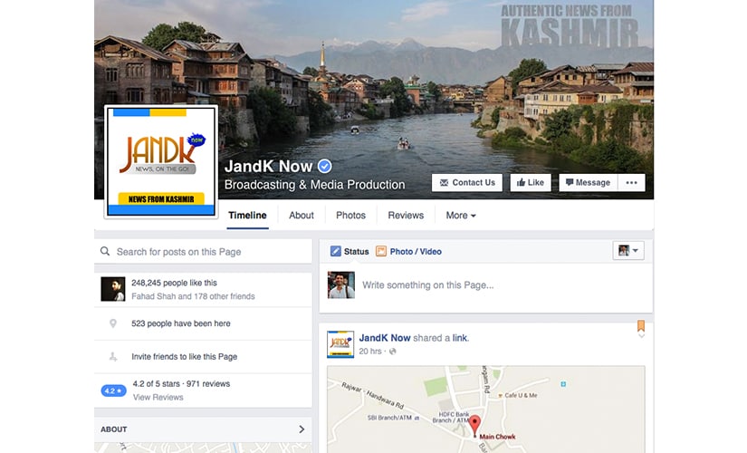 One of the many news portals that reaches Facebook users in Kashmir. Screen grab from Facebook
