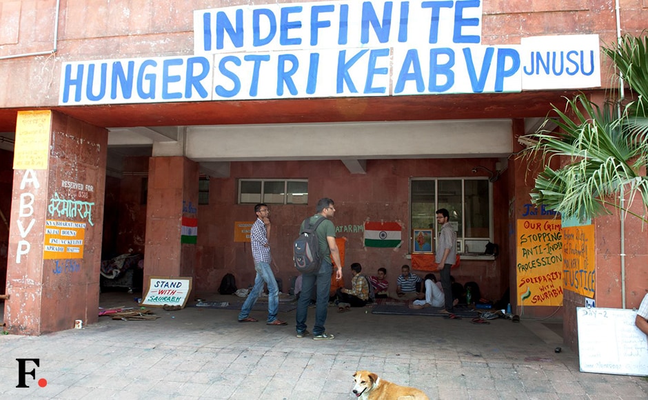 Along with other students, five members of ABVP – BJP's student wing – are also on hunger strike since Tuesday demanding withdrawal of punishment orders for Saurabh Sharma, the JNUSU secretary and the lone ABVP member in JNU Students’ Union. Naresh Sharma/Firstpost Along with other students, five members of ABVP – BJP's student wing – are also on hunger strike since Tuesday demanding withdrawal of punishment orders for Saurabh Sharma, the JNUSU secretary and the lone ABVP member in JNU Students’ Union. Naresh Sharma/Firstpost