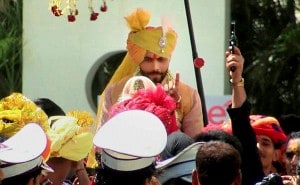 Indian cricketer Ravindra Jadeja during his wedding procession in Rajkot on Sunday. PTI Photo