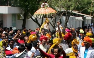 Indian cricketer Ravindra Jadeja during his wedding procession in Rajkot on Sunday. PTI Photo