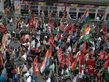 Indian activists supporting the Congress party and other leftist groups take part in a joint rally in support of their candidates in ongoing state legislative assembly elections in Kolkata on April 8, 2016. Getty Images