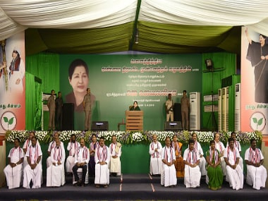 ayaram Jayalalitha (C), leader of the Anna Dravida Munnetra Kazhagam (AIADMK) state political party, addresses a campaign rally in Chennai. Getty Images