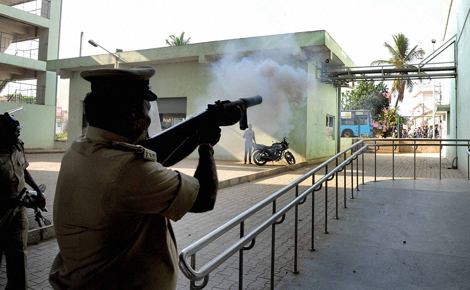 Protestors reportedly hurled stones at the officers, who later fired teargas shells at them. PTI Protestors reportedly hurled stones at the officers, who later fired teargas shells at them. PTI