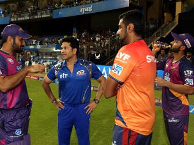Rising Pune Supergiants captain MS Dhoni, Sachin Tendulkar Mentor of Mumbai Indians, Ajinkya Rahane and Ravichandran Ashwin. Sportzpics
