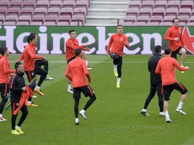 Atletico Madrid's players practice during a training session at the Camp Nou stadium in Barcelona. AFP