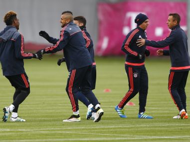 Bayern players warm up prior to the Champions League semifinal first leg. AP