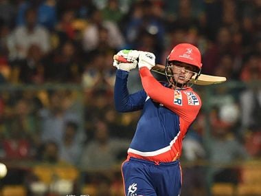 Quinton De Cock of Delhi Daredevils plays a shot against Royal Challengers Bangalore. PTI