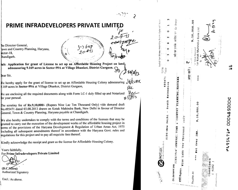 This application from Prime Infradevelopers Private Ltd is stamped on 20 August, 2013. But the third paragraph shows the date of the demand draft as 3 August, 2013.