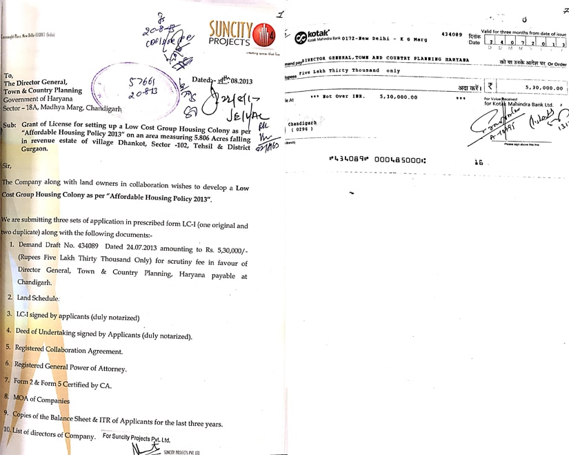 The application from Suncity Projects is stamped on 20 August, 2013. But the date of the demand draft is 24 July, 2013.