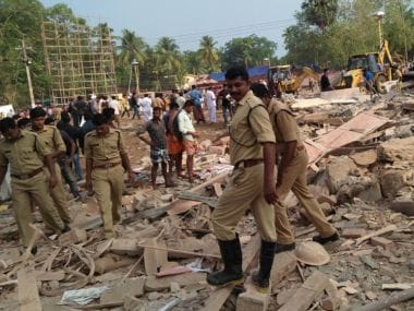 A file photo of police personnel at the site of the fire in Kollam. Image courtesy/Firstpost