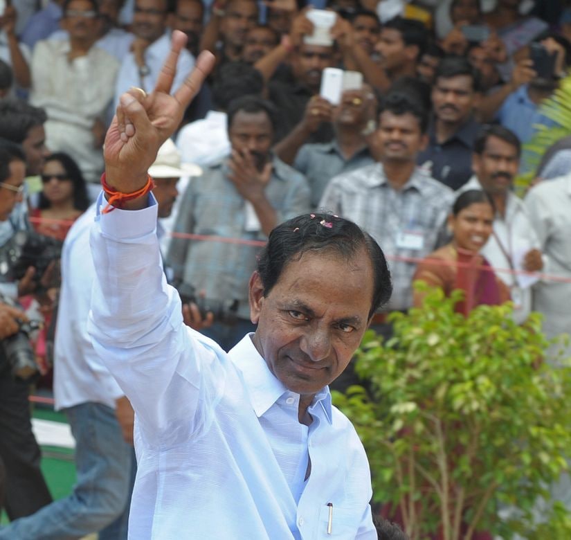 Chief Minister K. Chandrasekhar Rao gestures to supporters. AFP