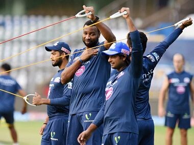 Mumbai Indians' players during the practice session at Wankhede Stadium. PTI