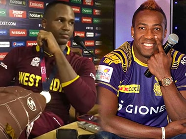 Left: Marlon Samuels during the World T20 final press conference. Right: Andre Russell.