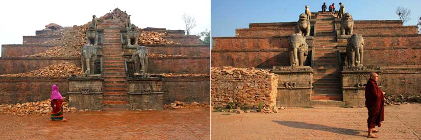 In this combination of two photos, on the left, a Nepalese woman walks by rubble at Bhaktapur Durbar Square, a Unesco World Heritage Site, on the outskirts of Kathmandu, in April 2015, as on the right, a Buddhist monk stands at the same place after the rubble was removed in March 2016. AP