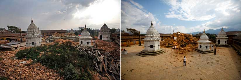 One of the oldest temples in Nepal in 2015 (left) and 2016 (right). AP