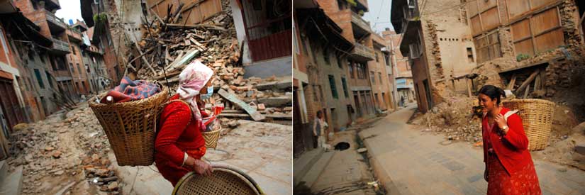 A damaged house in Khokana, Lalitpur, Nepal in 2015 (left) and 2016 (right). AP