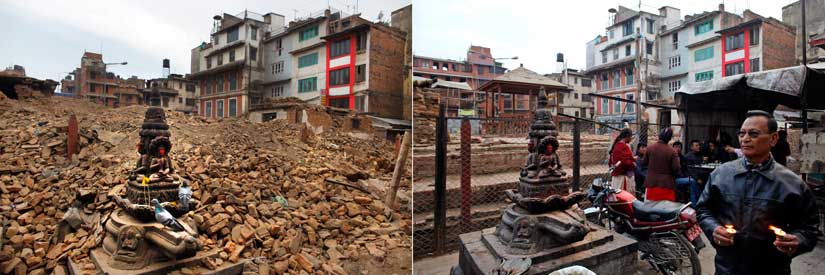 Statues of the Buddha are seen amid debris caused by earthquake (left), a Nepalese man lights a butter lamp in front of the Buddha statues at the same site in 2016 (right). AP