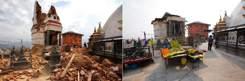 A statue of a Buddhist deity from a monastery around the famous Swayambhunath Stupa in 2015 (left) and in 2016 (right). AP