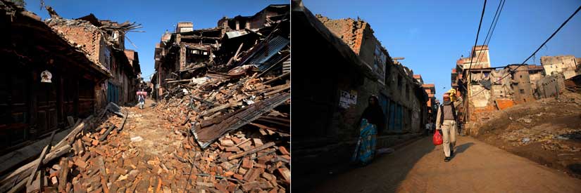 Bhaktapur in 2015 (left) and in 2016 (right). AP