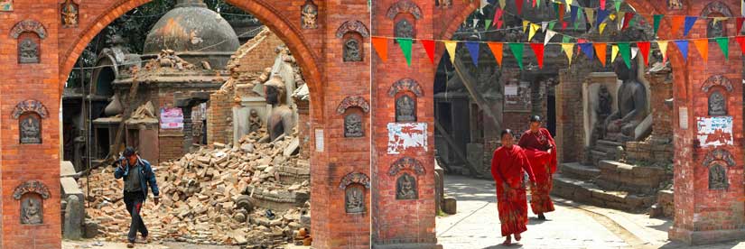 In this combination of two photos, on left a Nepalese man walks past debris caused by an earthquake in Bhaktapur, near Kathmandu in April, 2015, as on the right Nepalese women walk by the same place after it was cleared of debris in February 2016. AP