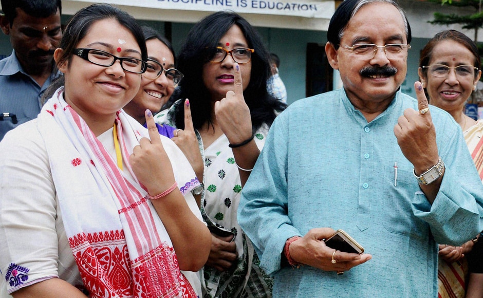 APCC President Anjan Dutta with his daughter and Congress candidate Angkita Dutta and other family members after casting their votes in Amguri on Monday. PTI APCC President Anjan Dutta with his daughter and Congress candidate Angkita Dutta and other family members after casting their votes in Amguri on Monday. PTI