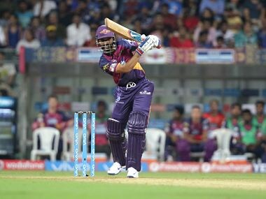 Ajinkya Rahane of Pune Supergiants plays a shot during match 1 of the Vivo Indian Premier League ( IPL ) 2016 between the Mumbai Indians and the Rising Pune Supergiants held at the Wankhede Stadium. BCCI